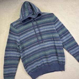 IZOD Sweater Mens L Blue Green Hooded Fair Isle Nordic Classic Cabincore Retro